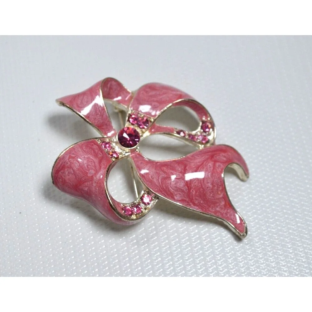 Vintage Ribbon Bow Pink Swirl Enamel Coated‎ Brooch Pink Rhinestones